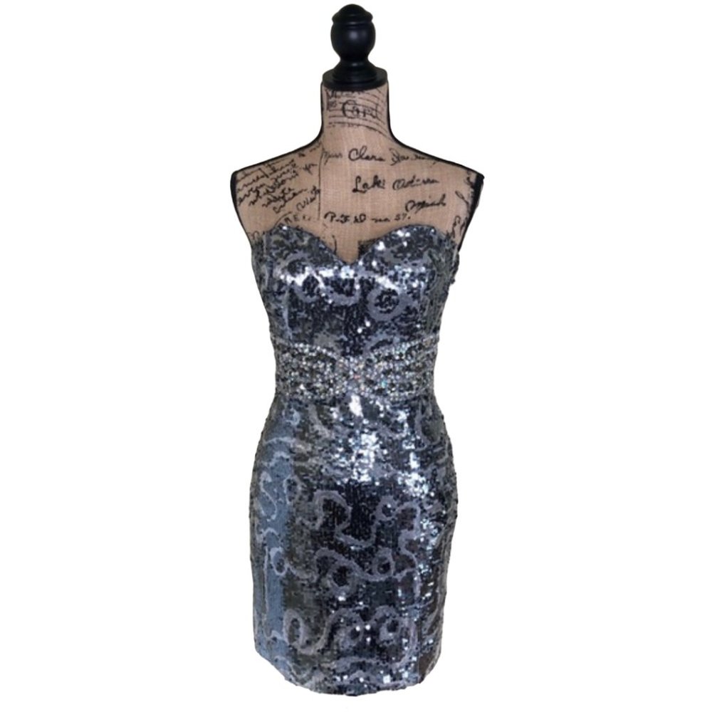 NIGHT MOVES-ALLURE Charcoal Sequin Cocktail Dress